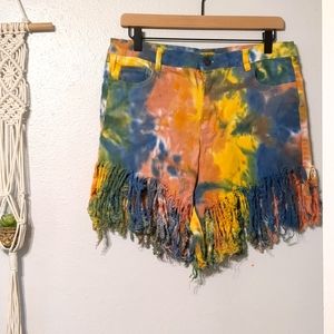 Rainbow Tie Dye Festival Fringe Jean Shorts 2X